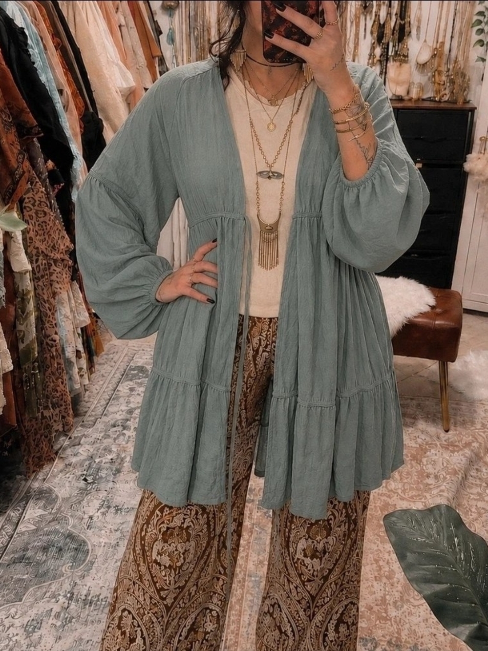 Light Sage Tiered Duster Cardigan Tie Front